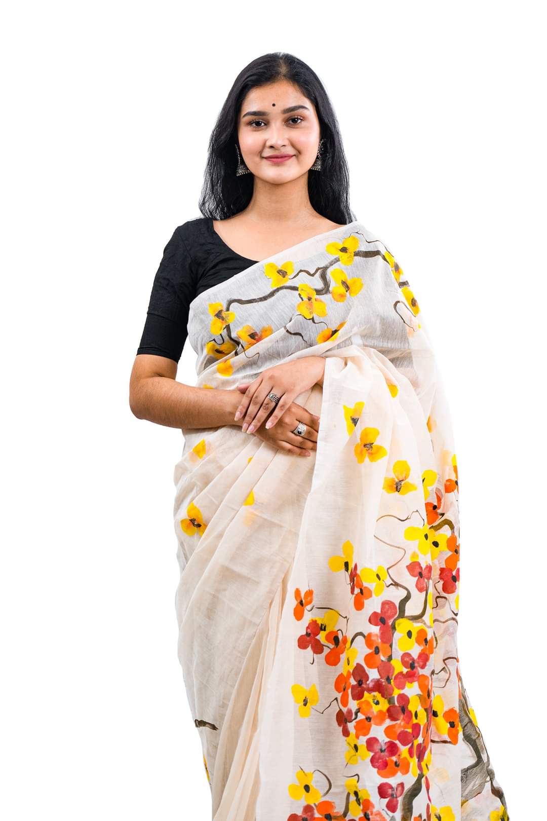 হাফসিল্ক শাড়ী - হ্যান্ডপ্রিন্ট তুলির কাজ - Image 3