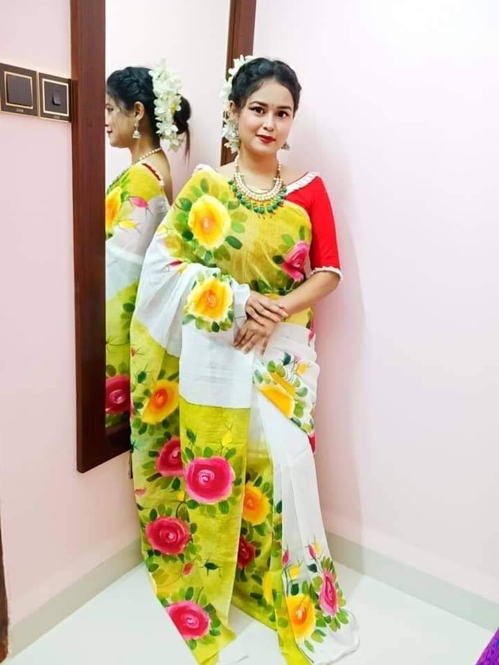হাফসিল্ক শাড়ী - হ্যান্ডপ্রিন্ট তুলির কাজ - Image 6