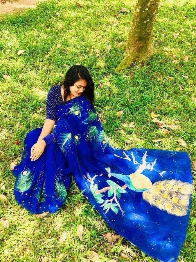 হাফসিল্ক শাড়ী - হ্যান্ডপ্রিন্ট তুলির কাজ - Image 7