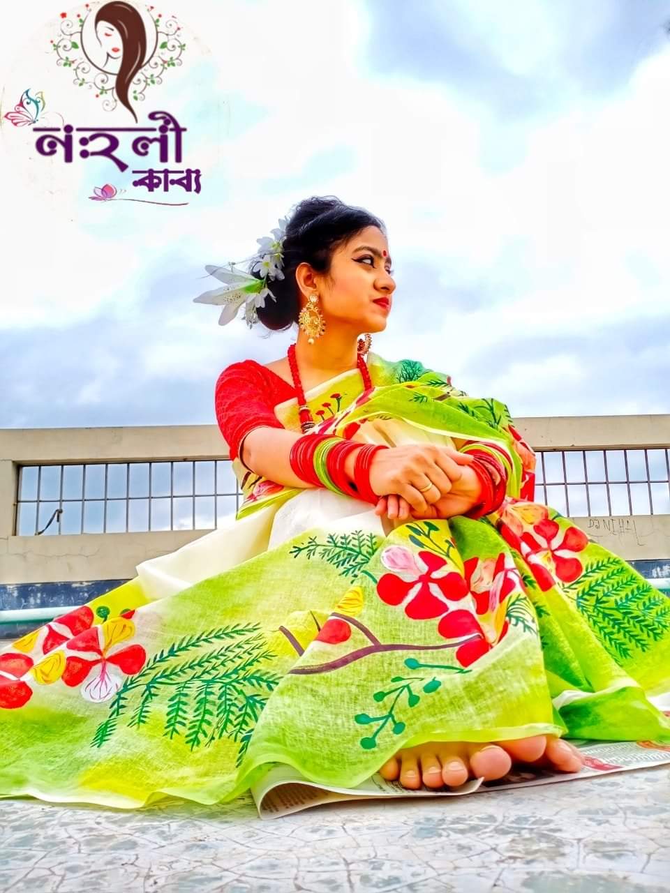 হাফসিল্ক শাড়ী - হ্যান্ডপ্রিন্ট তুলির কাজ - Image 11