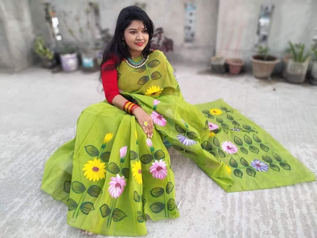 হাফসিল্ক শাড়ী - হ্যান্ডপ্রিন্ট তুলির কাজ - Image 6