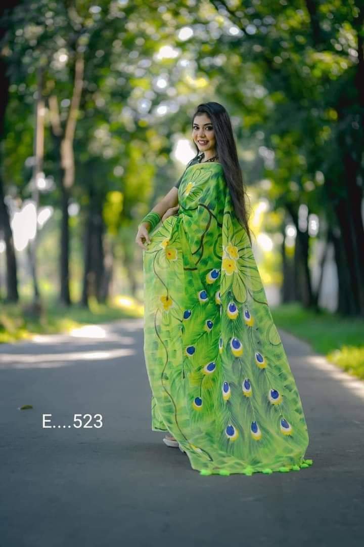 হাফসিল্ক শাড়ী - হ্যান্ডপ্রিন্ট তুলির কাজ - Image 2